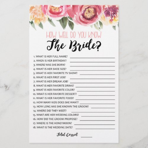 How well do you know the Bride Bridal Shower game