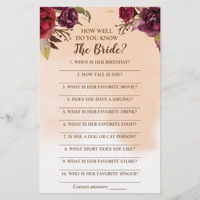 How Well Do You Know The Bride Burgundy Game Card Flyer (Front)