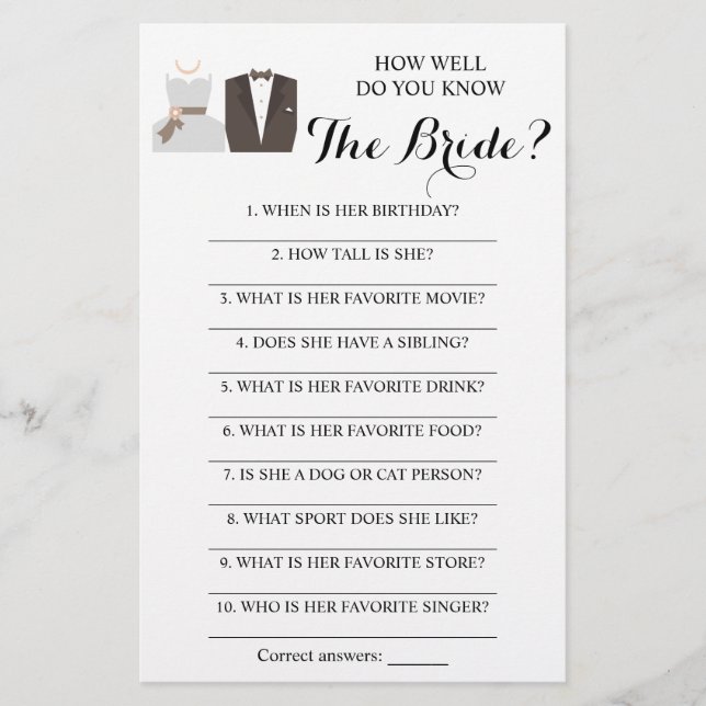 How Well Do You Know The Bride? Game Card Flyer (Front)