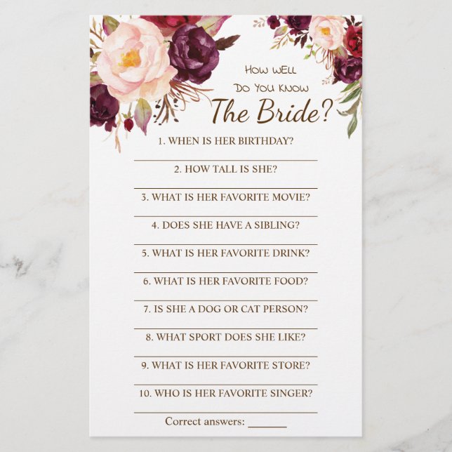 How Well Do You Know The Bride Game Card Flyer (Front)