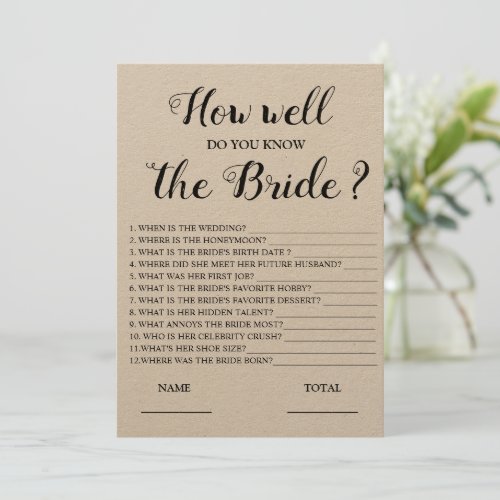 How well do you know the Bride Kraft Bridal Game   Invitation
