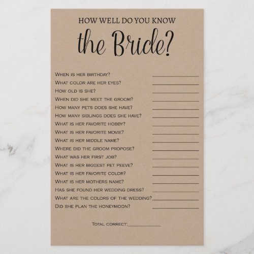 How Well Do You Know the Bride Kraft Shower Game Flyer