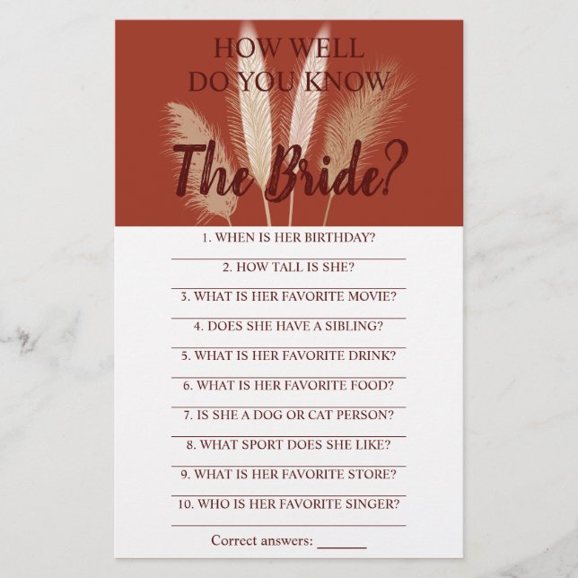 How Well Do You Know The Bride Pampas Game Card Flyer (Front)