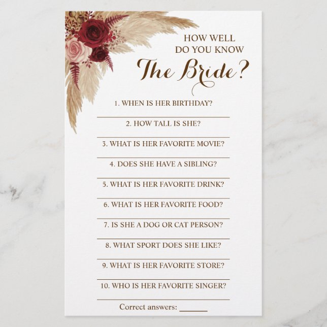 How Well Do You Know The Bride Pampas Game Card Flyer (Front)
