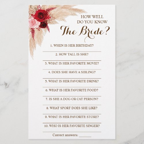 How Well Do You Know The Bride Pampas Game Card Flyer