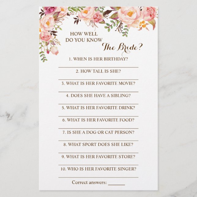 How Well Do You Know The Bride Pink Game Card Flyer (Front)