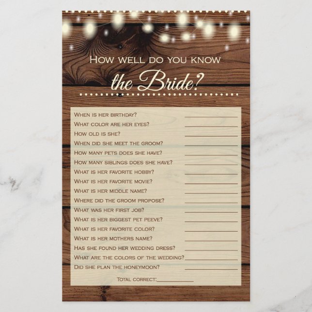 How Well Do You Know the Bride Rustic Shower Game (Front)