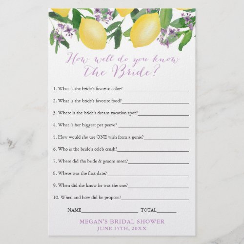 How Well Do You Know The Bride Shower Quiz Game Flyer - "How Well Do You Know The Bride?" shower quiz game card, here printed onto economical flyer paper. Perfect if you are organizing a large shower and want to get as much as you can for your budget.