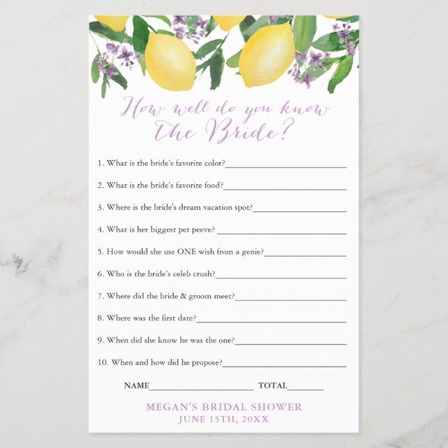 How Well Do You Know The Bride Shower Quiz Game Flyer (Front)