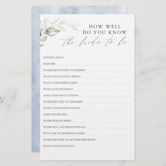 How Well Do You Know The Bride To Be Bridal Shower (Front/Back)