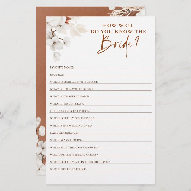 How Well Do You Know The Bride To Be Bridal Shower (Front/Back)