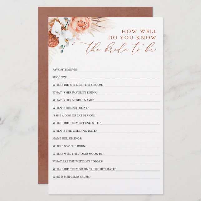 How Well Do You Know The Bride To Be Bridal Shower (Front/Back)