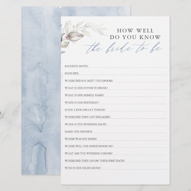 How Well Do You Know The Bride To Be Bridal Shower (Front/Back)