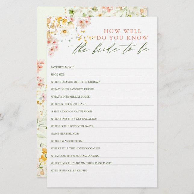 How Well Do You Know The Bride To Be Bridal Shower (Front/Back)