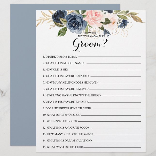 How Well Do You Know the Groom Bridal Shower Game (Front/Back)