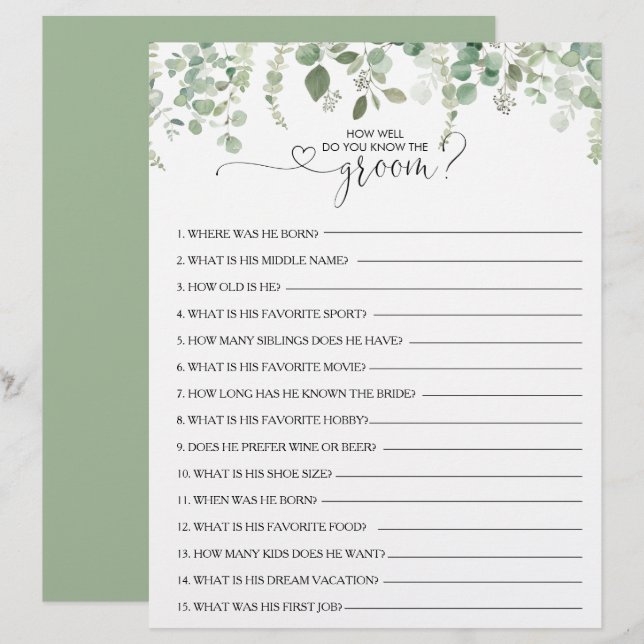 How Well Do You Know the Groom Bridal Shower Game (Front/Back)