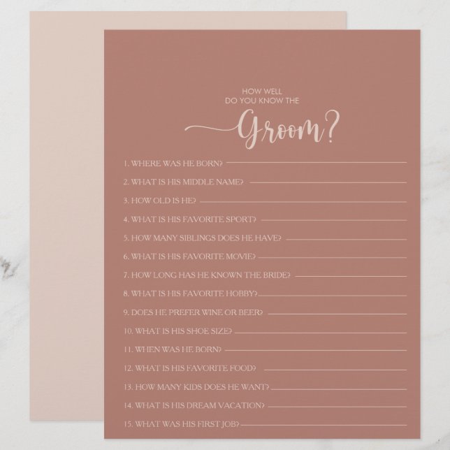 How Well Do You Know the Groom Bridal Shower Game (Front/Back)