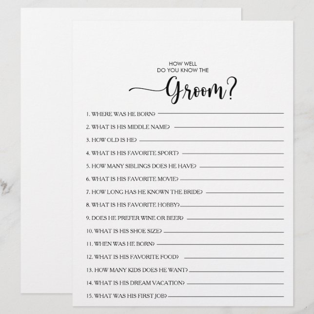 How Well Do You Know the Groom Bridal Shower Game (Front/Back)