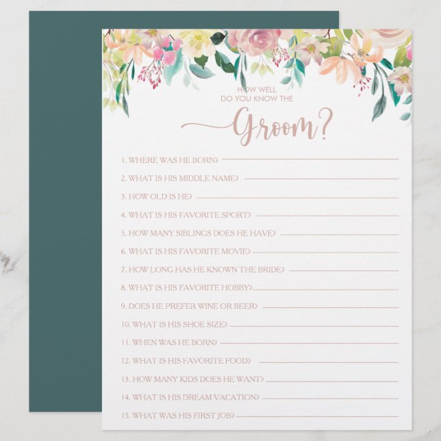 How Well Do You Know the Groom Bridal Shower Game (Front/Back)