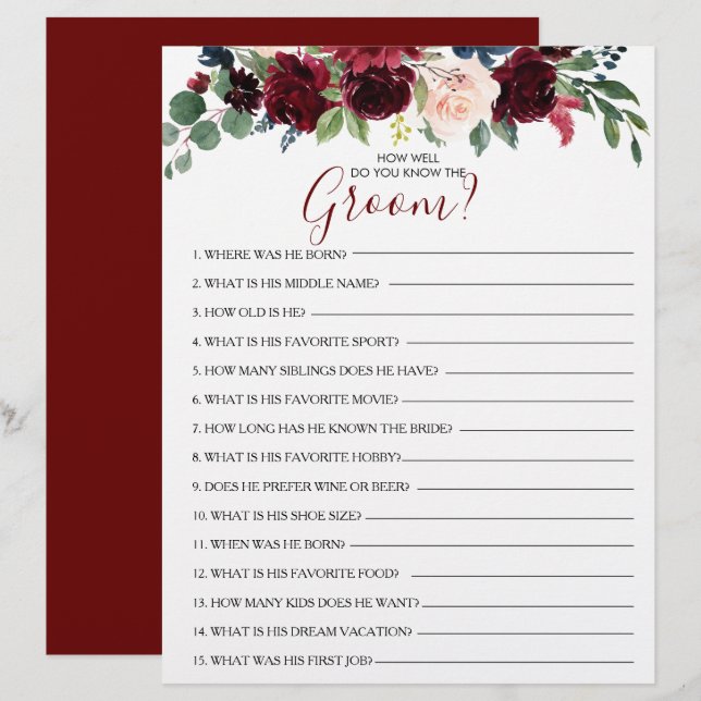 How Well Do You Know the Groom Bridal Shower Game (Front/Back)