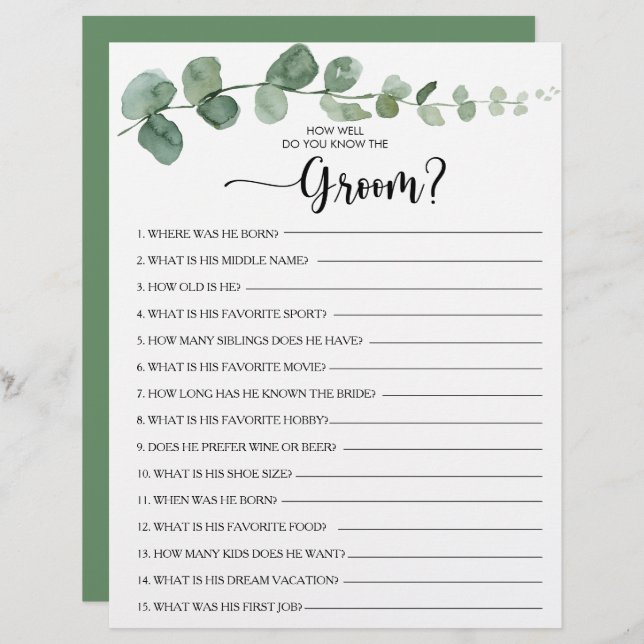 How Well Do You Know the Groom Bridal Shower Game (Front/Back)