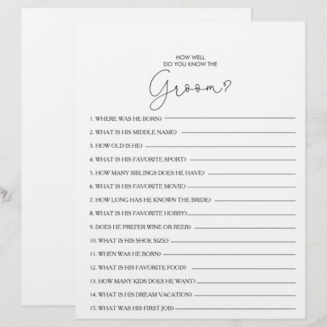 How Well Do You Know the Groom Bridal Shower Game (Front/Back)