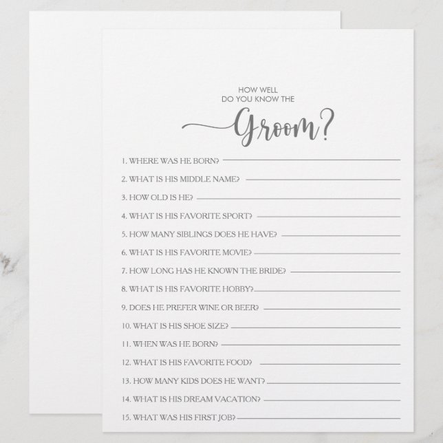 How Well Do You Know the Groom Bridal Shower Game (Front/Back)
