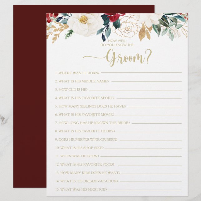 How Well Do You Know the Groom Bridal Shower Game (Front/Back)