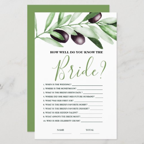 How well know Bride Olive Branch Bridal Game