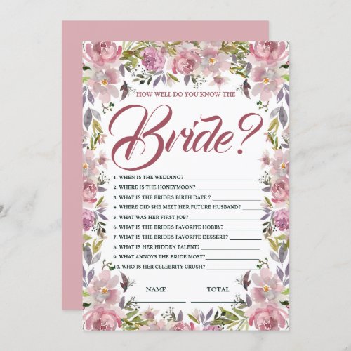 How well know Bride Pink Floral Bridal Shower Game Invitation
