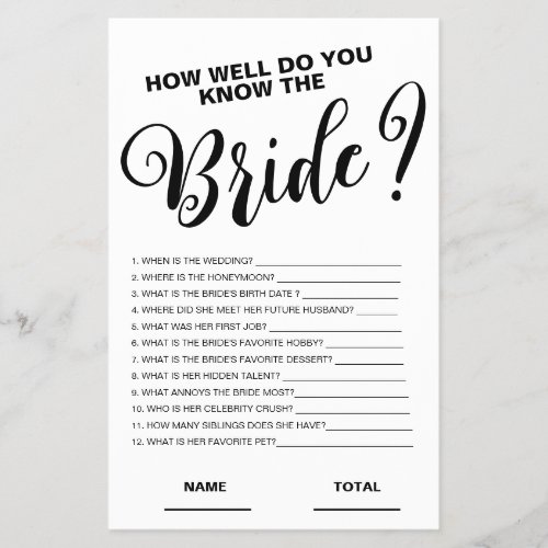 How well know the Bride Bridal Game 