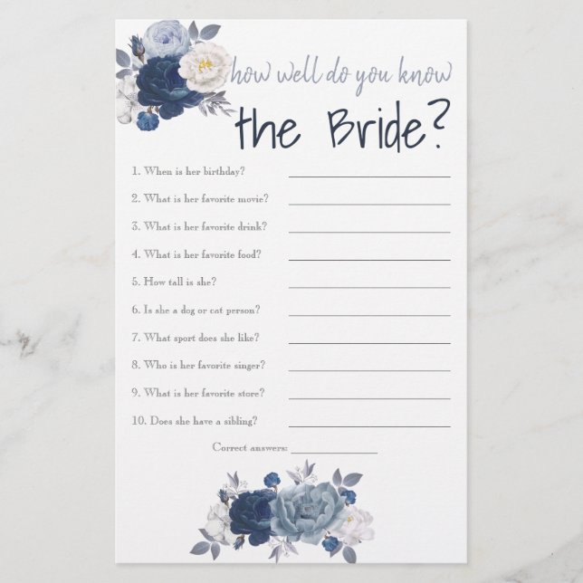 How Well Know the Bride? Bridal Shower Game Flyer (Front)