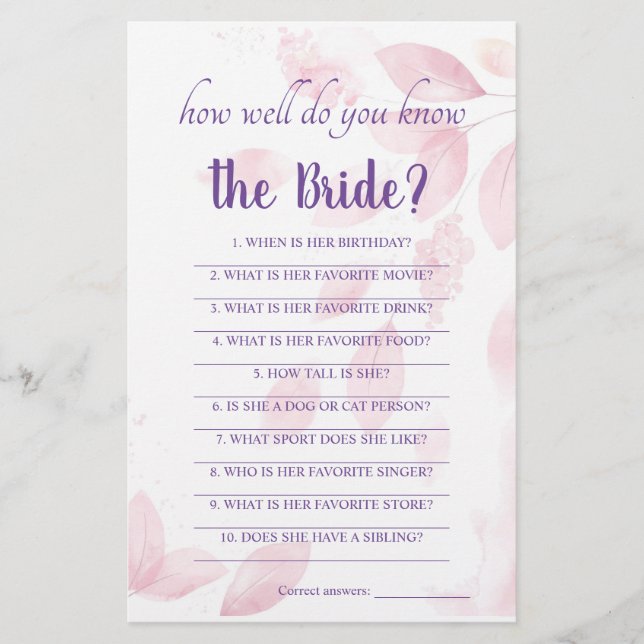 How Well Know the Bride? Bridal Shower Game Flyer (Front)