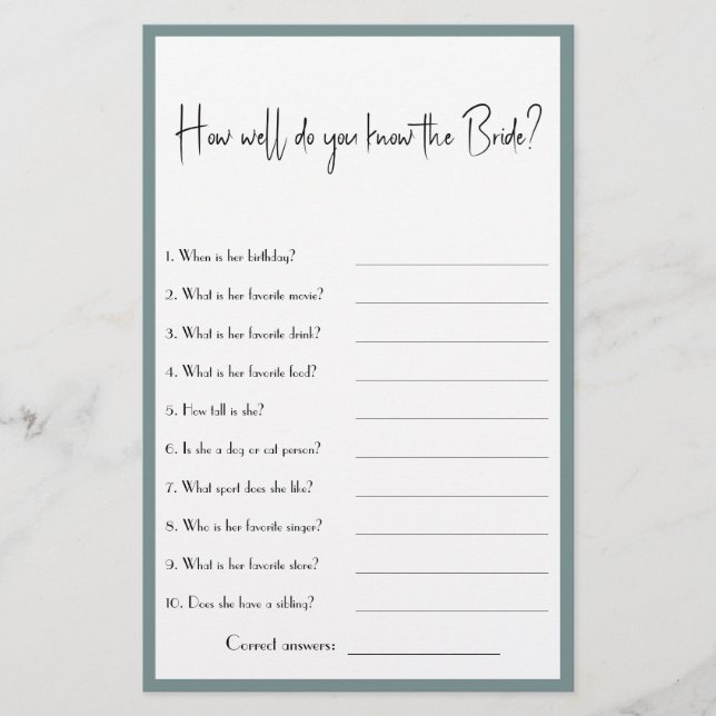 How Well Know the Bride? Bridal Shower Game Flyer (Front)