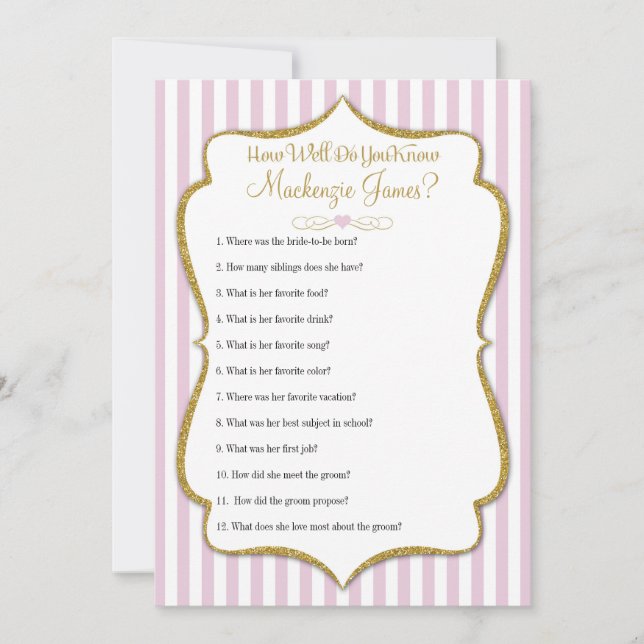 How Well Know The Bride Bridal Shower Game Pink (Front)