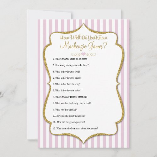 How Well Know The Bride Bridal Shower Game Pink