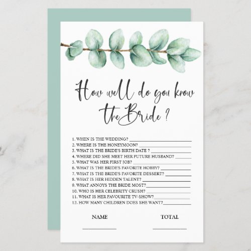 How well know the Bride Eucalyptus Bridal Game