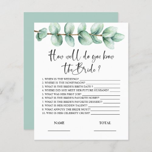 How well know the Bride Eucalyptus Bridal Game