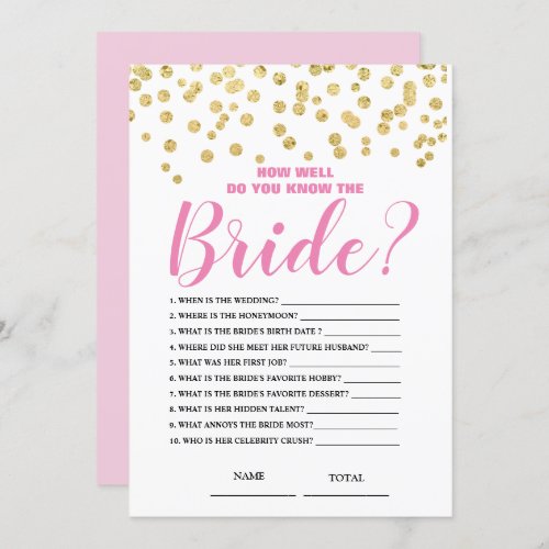 How well know the Bride Pink Gold  Bridal Game Invitation
