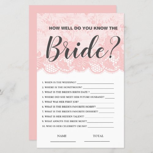 How well know the Bride Pink Lace Bridal Game