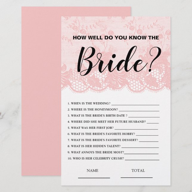 How well know the Bride Pink Lace Bridal Game (Front/Back)