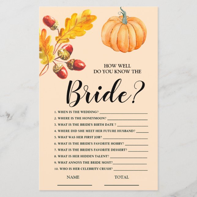 How well you know Bride Fall Pumpkin Bridal Game (Front)