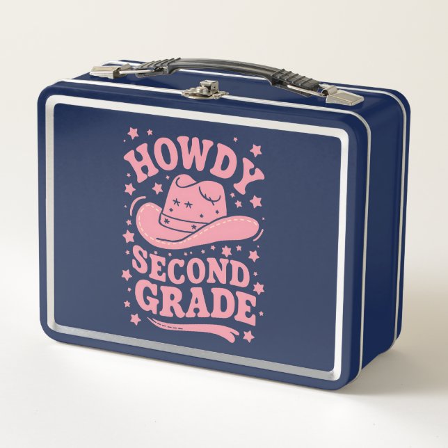 Howdy 2nd Grade Cowboy Cowgirl Back To School Metal Lunch Box (Front)