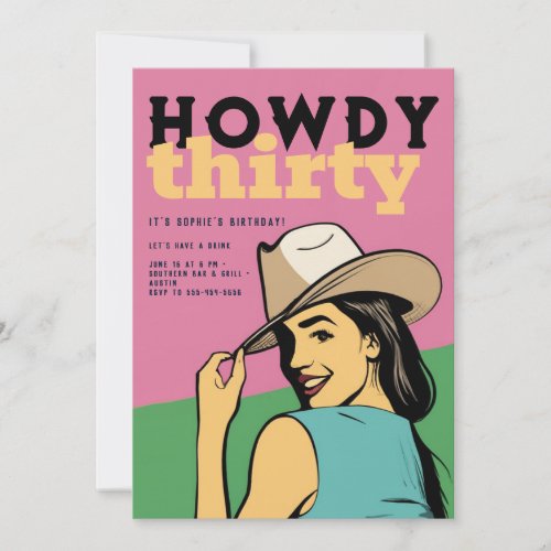 Howdy 30 Western Retro Pink Green 30th Birthday Invitation