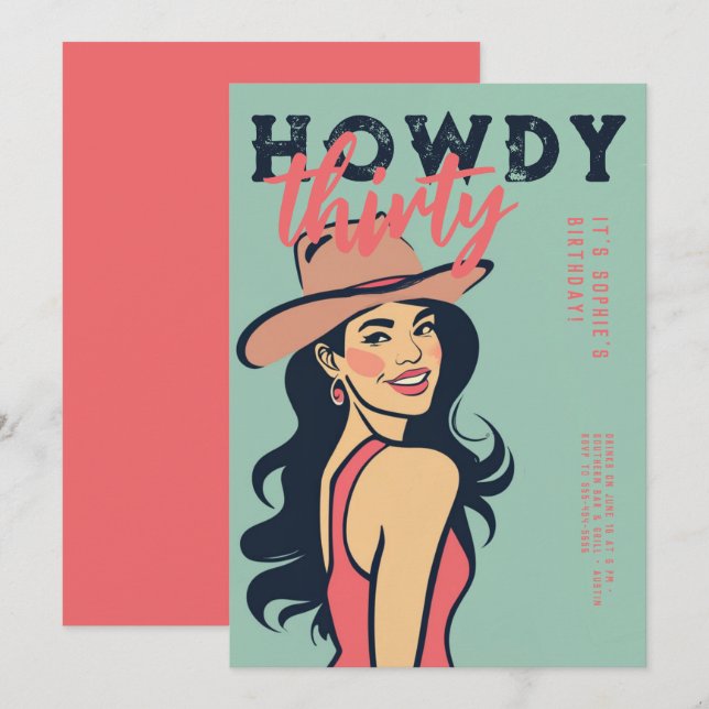 Howdy 30 Western Retro Pink Poster 30th Birthday Invitation (Front/Back)