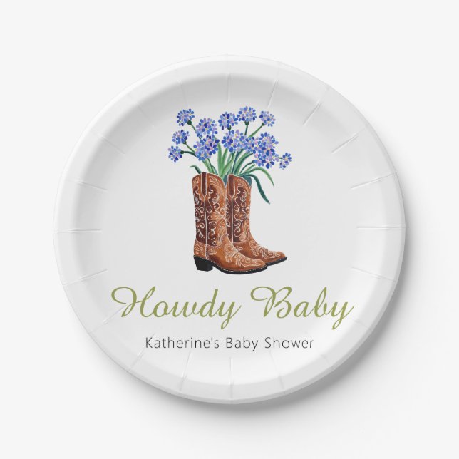 Howdy Baby Bluebonnets Cowboy Baby Shower Paper Plates (Front)