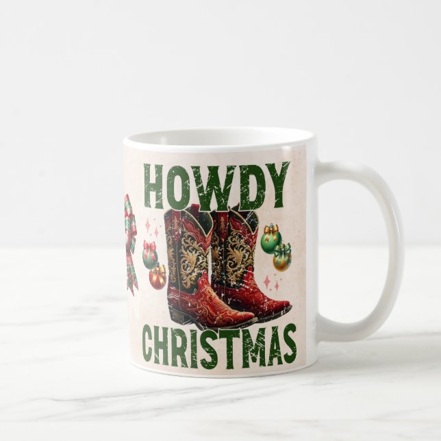 Howdy Christmas Cowboy Boot Western Xmas Green Red Coffee Mug (Right)
