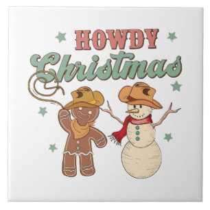 Howdy Christmas Cowboy Snowman Western Funny Ceramic Tile