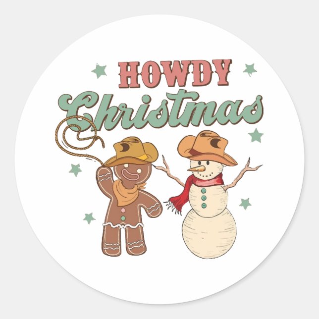 Howdy Christmas Cowboy Snowman Western Funny Classic Round Sticker (Front)