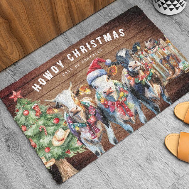 Howdy Christmas | Cute Western Cows Monogram Fiber Doormat (Creator Uploaded)